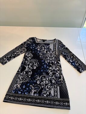 White House Black Market Black and Blue Printed Long-Sleeve Dress